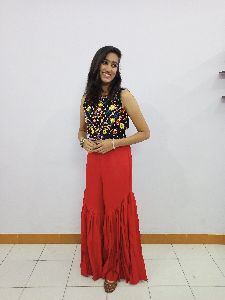 Embroidered Sleeveless Top with Red Palazzo