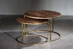 METAL AND WOOD ROUND NESTING COFFEE TABLE