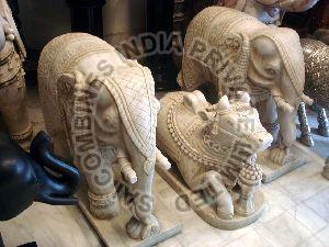 CARVED POLISHED WHITE MARBLE STONE ELEPHANT AND NANDI JI STATUE