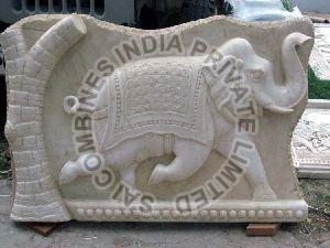 Elephant Carved Marble Wall Panel