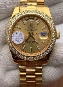 Rolex Day- Date Full Gold Diamond Bezel Stick Marker Golden Dial Swiss Automatic Watch