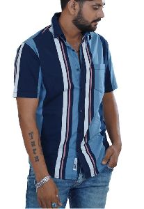 Blue Striped Cotton Half Sleeves Shirt