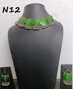 Oxidised g lotus meena neck set