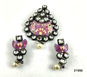 Premium oxidised kundan pendant set v