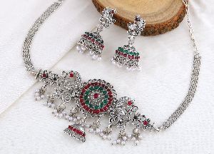 silver with multi ruby stone necklace set