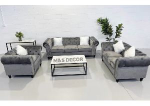 Gray Sude Fabric Chester Sofa Set
