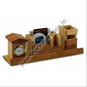 Wooden Pen Holder With Clock and Mobile Holder