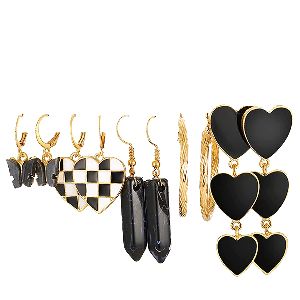 Black Heart Chess Design Gold Plated Earrings