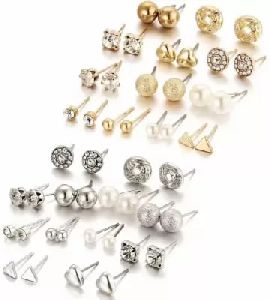 Combo Of 24 Pair Golden and Silver Studded Pearl Stud Earrings