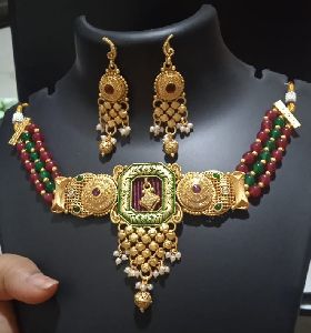 gorgeous golden multi colored beads choker long earrings set