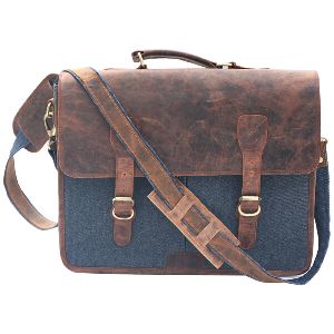 Goat Leather Canvas Mens Laptop Bag