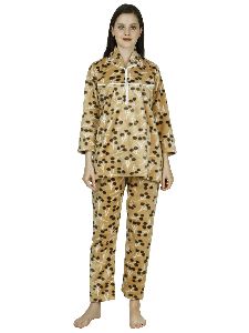 Ladies Brown Printed Woolen Collar Night Suit