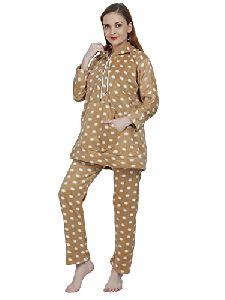 Ladies Brown Woolen Polka Dot Hoodie Night Suit