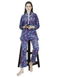 Ladies Navy Blue Printed Woolen Collar Night Suit