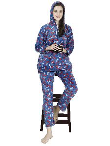 Ladies Navy Blue Printed Woolen Hoodie Night Suit