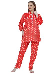 Ladies Red Woolen Polka Dot Collar Night Suit