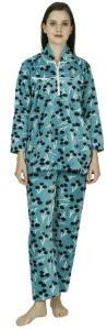 Ladies Teal Blue Printed Woolen Collar Night Suit