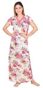 Pink Floral Printed Satin Nighty