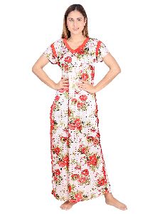 Red Floral Printed Satin Nighty