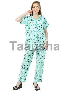 Ladies Green Floral Printed Cotton Night Suit