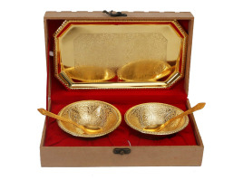 5 pcs 24 krt brass bowl set with wooden box