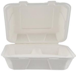 200 Pieces Biodegradable 3 Compartment 8 Inch Hinged Square Container- Natural Disposable