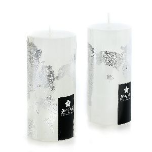 White Pillar Candle with Silver Foil Textured Finish Pack of 2