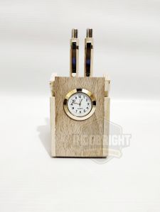 Beautiful Wooden Pen Holder With Clock & 2 Wooden Pen Perfect Gift For Teachers Day
