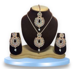 LATEST Chain Pendant Rose Gold Plated Choker Necklaces Maang Tikka & Earring Set for GIRLS AND Wom
