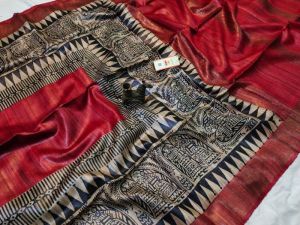 Tussar by gichha zari border block print saree