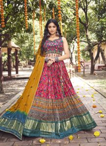 Dark Pink Satin Silk Mirror Work Sangeet lehenga