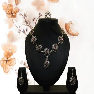 Intricate Ruby Stone Silver Necklace Set