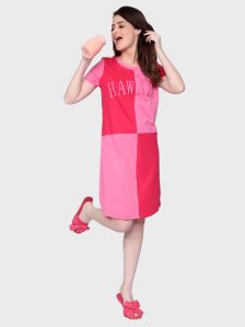 Cotton Ladies Red Printed Short Nightgown