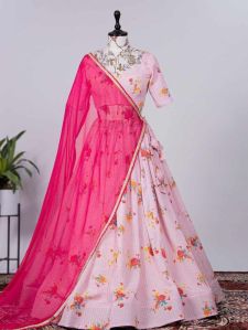 Chinon Printed Crochet Work Lehenga Choli with Dupatta