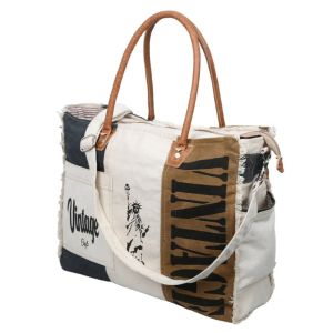 Ladies Printed Canvas and Leather Handle Bag
