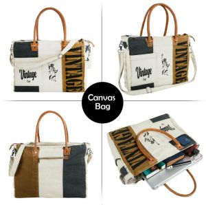 Ladies Printed Canvas and Leather Handle Bag
