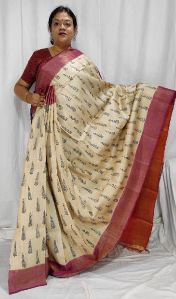 Handloom Pure Tussar Ghicha Block printed sarees