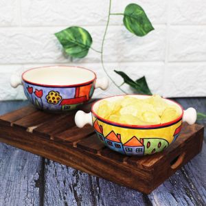 Exotic Panorama Hut Hand painted Ceramic Snack Bowls With Handle