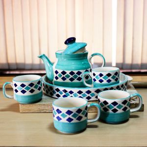 Turquoise Checkered Hand Painted Ceramic Tea Set