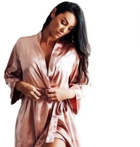 Ladies Pink Plain Satin Bath Robe