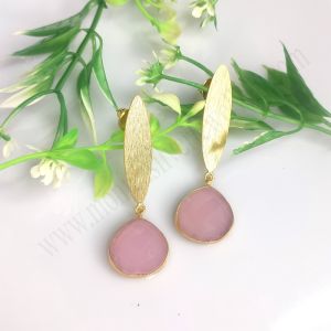 Pink Chalcedony Brass Earring