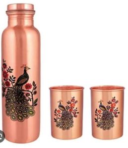 Peacock Print Copper Bottle with Glass Set