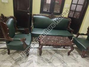 Green Leather Wooden Sofa Set