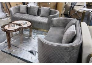 Gray Suede Fabric Curved Design Sofa Set