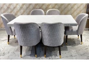 White Onyx Marble Top Designer Dining Table Set With Teak Wooden Base Frame