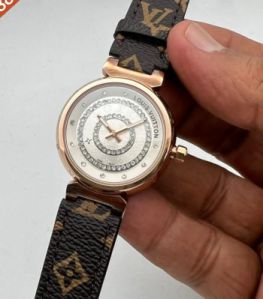 Louis Vuitton Rose Gold Black Dial Leather Watches