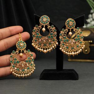 green color maang tika kundan earrings