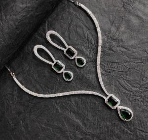 Green Stone Studded American Diamond Necklace Set