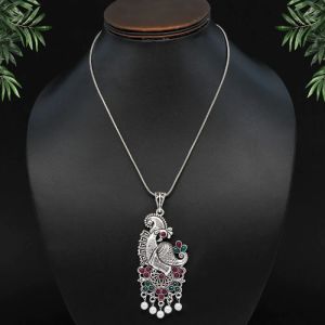 maroon green peacock oxidized silver necklace set