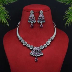 Premium Rani Color Monalisa Stone Oxidised Necklace Set